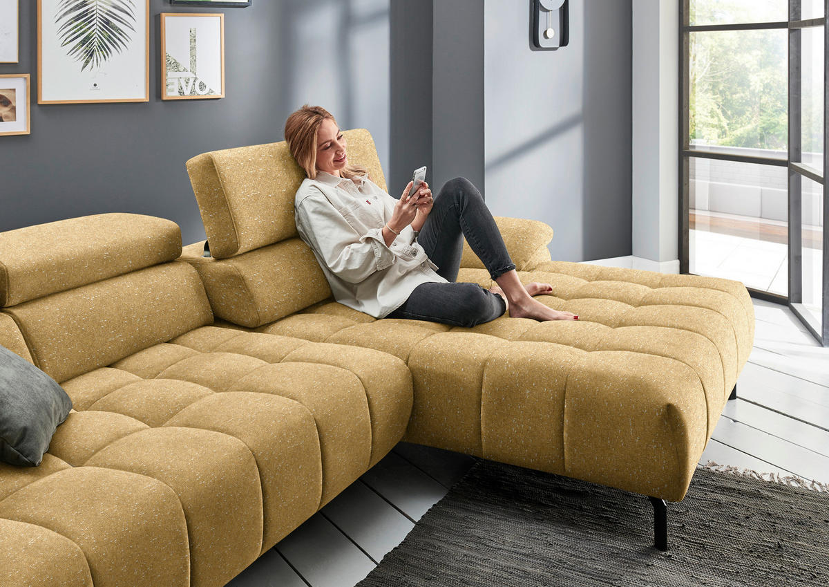 ECKSOFA in Chenille Currygelb  329/190 cm  - Currygelb/Schwarz, Design, Textil/Metall (329/190cm) - Beldomo Style