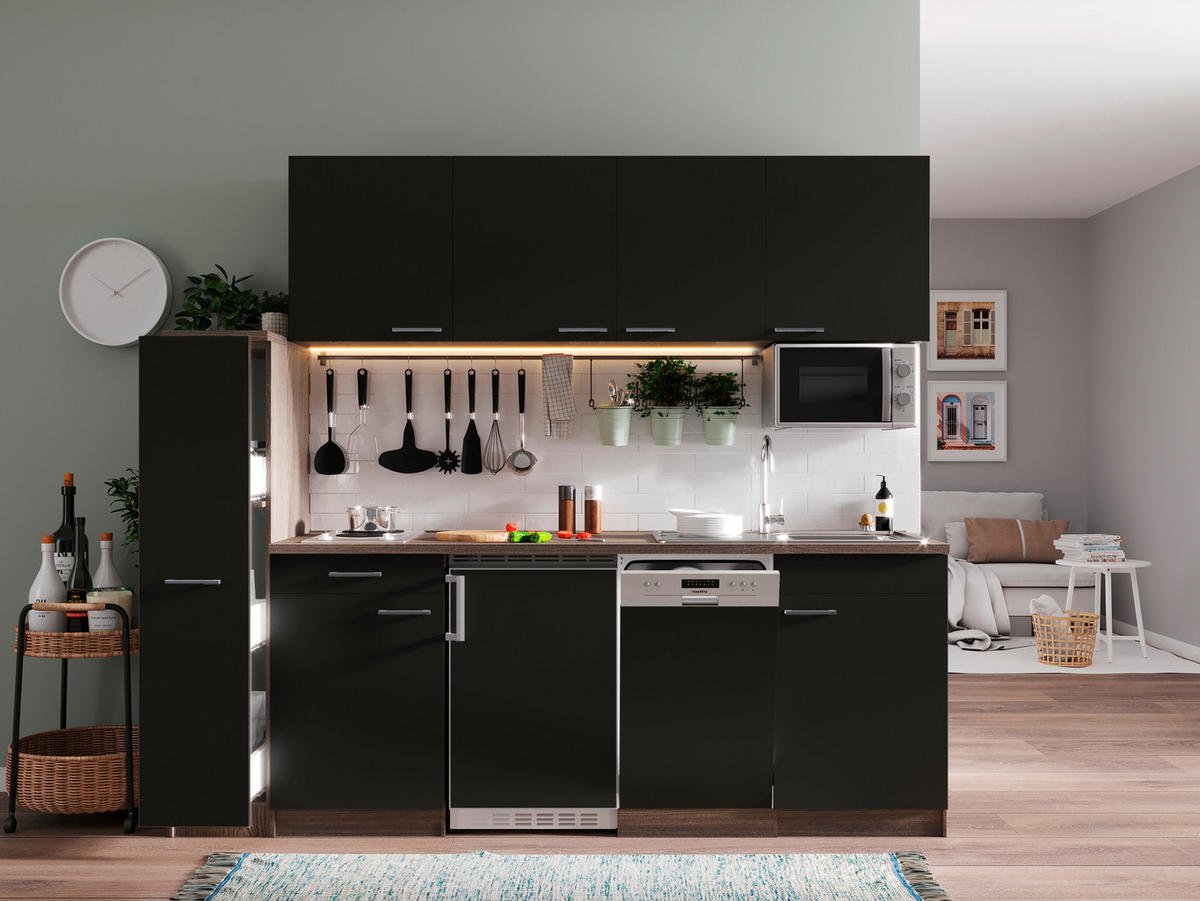 KÜCHENBLOCK 225 cm   in Schwarz  - Eichefarben/Alufarben, Basics, Holzwerkstoff/Kunststoff (225cm) - Respekta