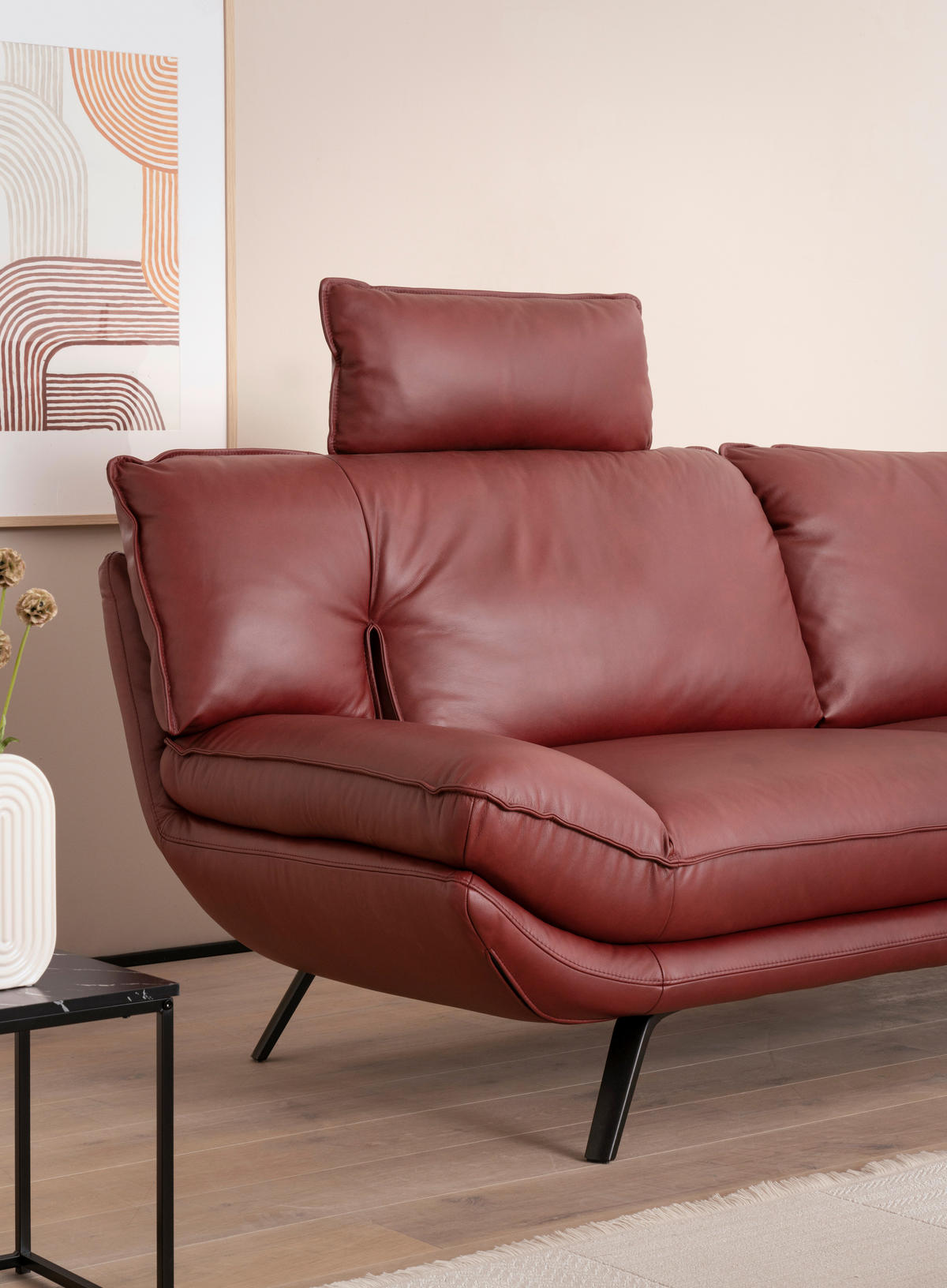 3-SITZER-SOFA in Echtleder Bordeaux  - Bordeaux/Schwarz, Design, Leder/Metall (226/95/95cm) - Celina