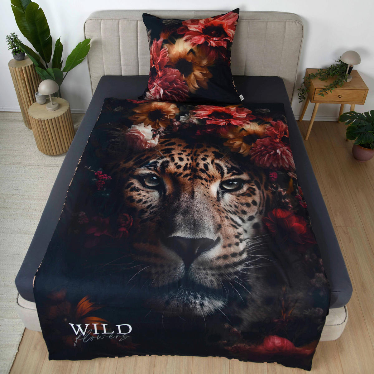 BETTWÄSCHE 2-teilig Wild Flowers Leopard Bettwäsche Renforcé 135/200 cm  - Schwarz/Braun, Design, Textil (135/200cm) - Herding