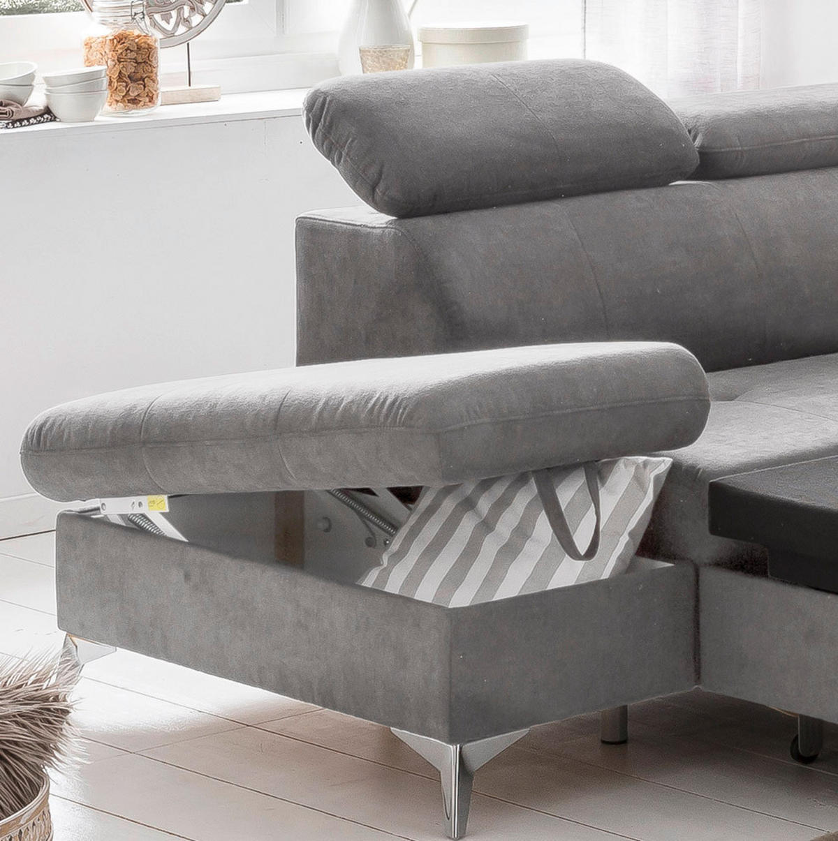 ECKSOFA Grau Mikrofaser  - Chromfarben/Grau, KONVENTIONELL, Textil/Metall (209/256cm) - Livetastic