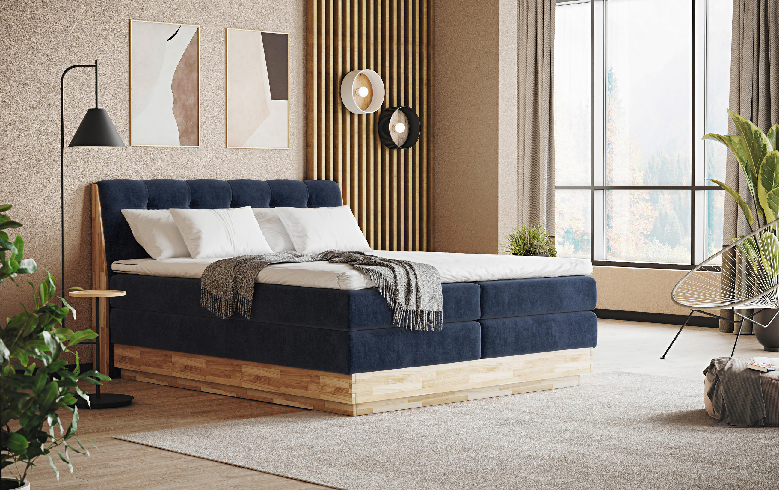 BOXSPRING-ÁGY 180/200 cm  kék  - fekete/kék, Natur, textil/fa (180/200cm)