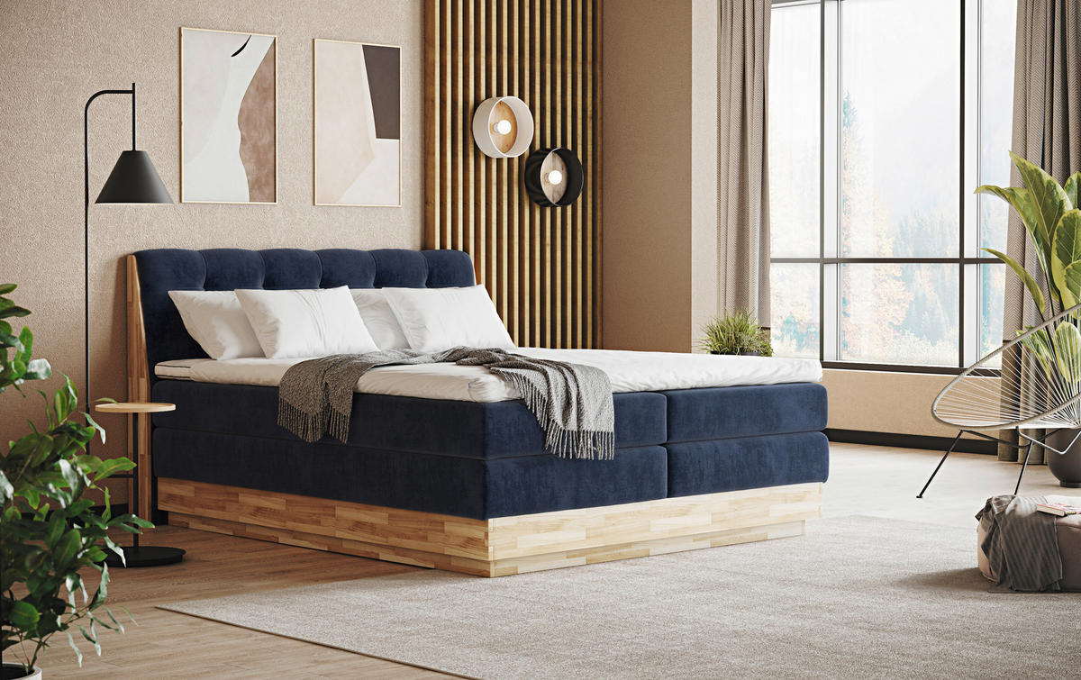 BOXSPRINGBETT 180/200 cm  in Blau  - Blau/Schwarz, Natur, Holz/Textil (180/200cm)