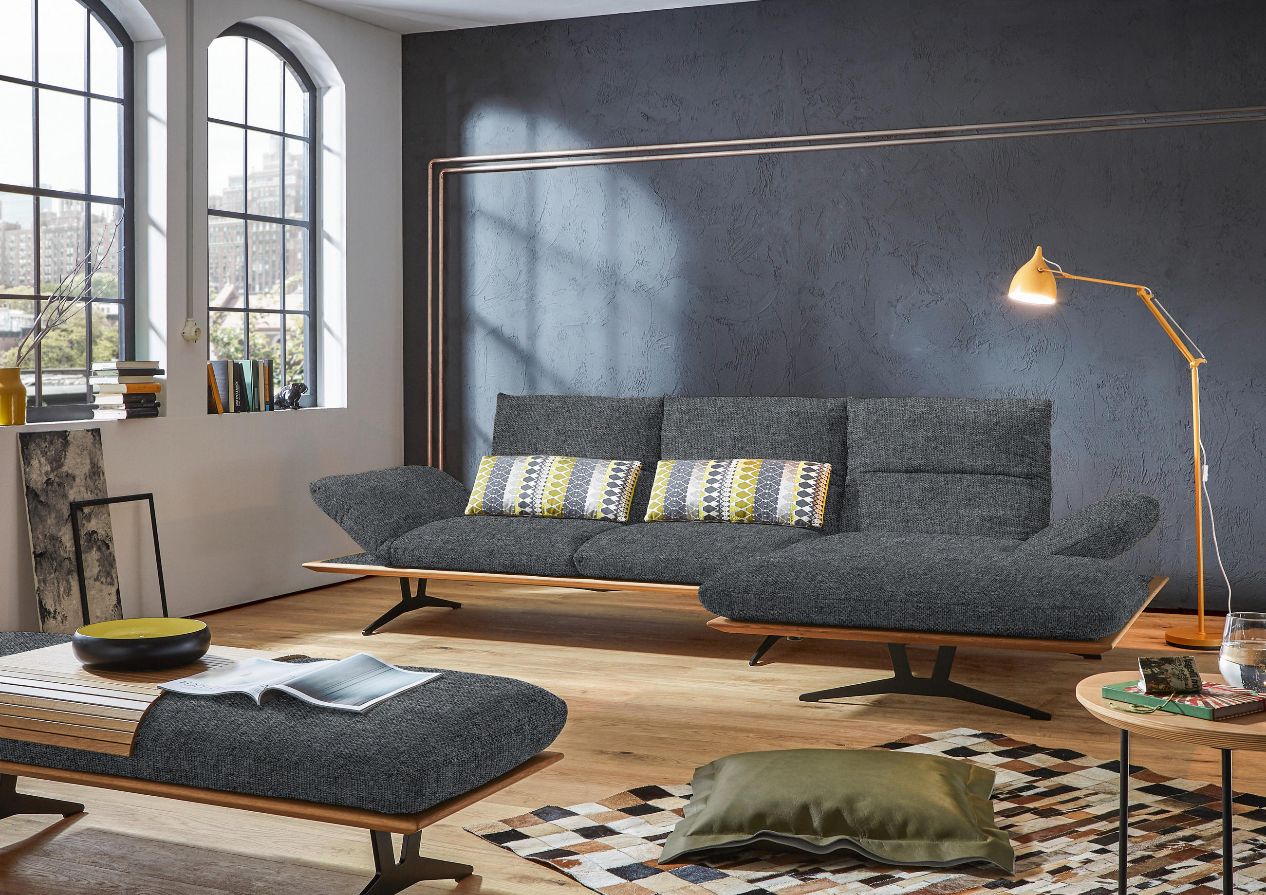 ECKSOFA in Flachgewebe Dunkelgrau  - Dunkelgrau/Schwarz, Design, Holz/Textil (314/159cm) - Dieter Knoll