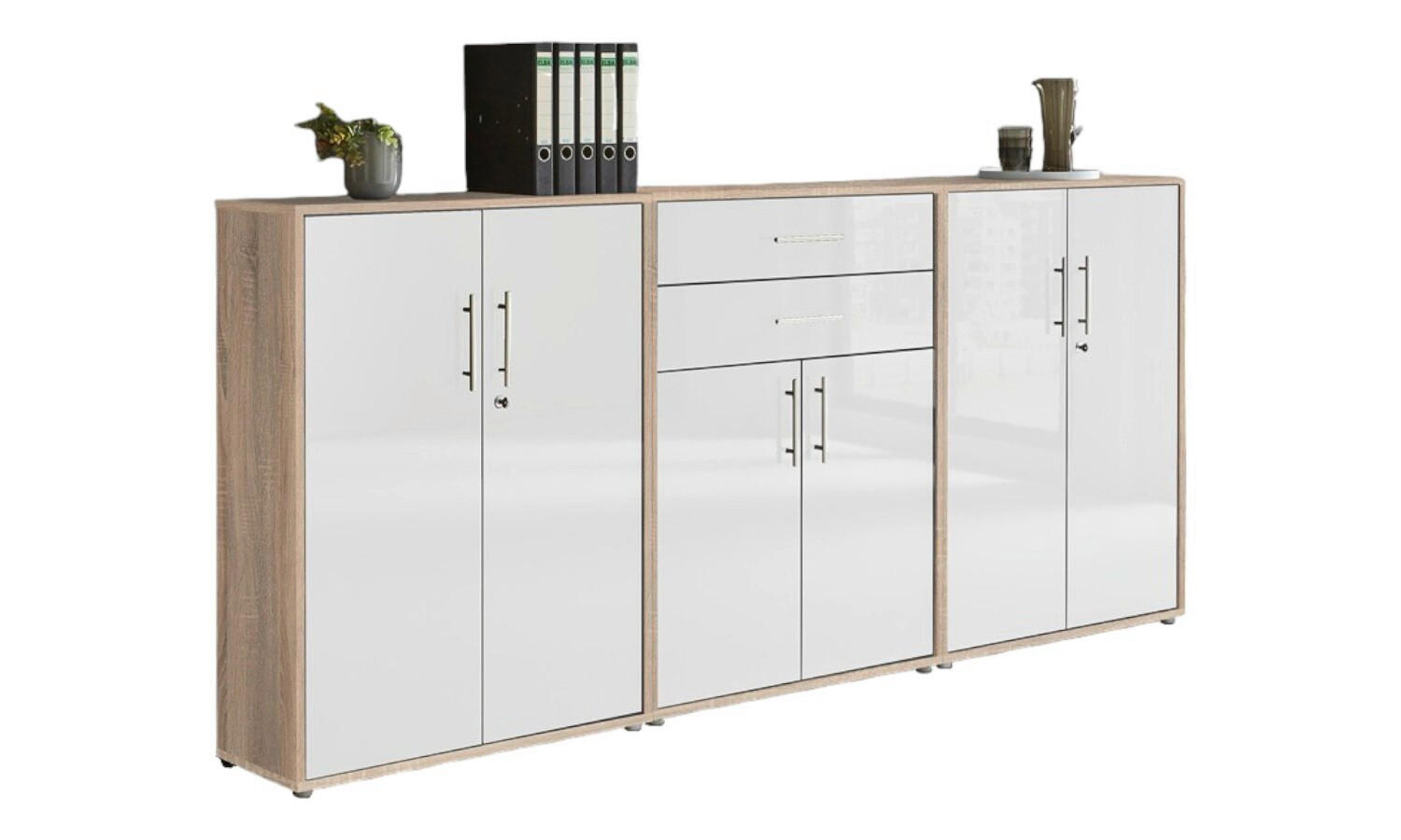 AKTENSCHRANK Sonoma Eiche, Weiß Hochglanz  - Weiß Hochglanz/Sonoma Eiche, MODERN, Holzwerkstoff (253,2/113,6/33cm) - MID.YOU
