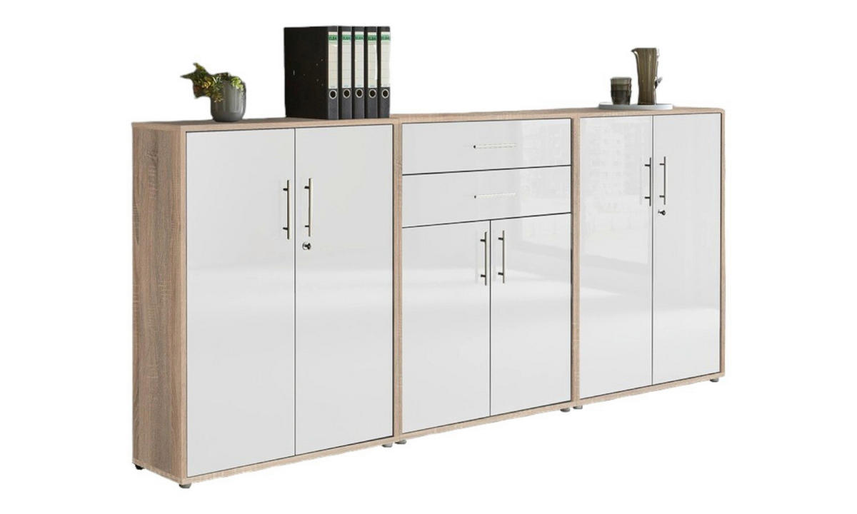 AKTENSCHRANK Sonoma Eiche, Weiß Hochglanz  - Weiß Hochglanz/Sonoma Eiche, MODERN, Holzwerkstoff (253,2/113,6/33cm) - MID.YOU