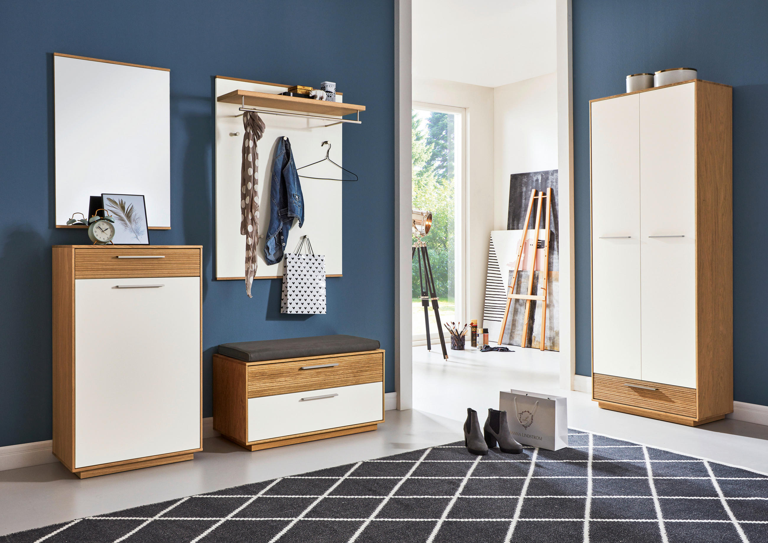 Thumbnail - Schuhschrank, Weiß, Eiche, Metall, Eiche, furniert, massiv, teilmassiv, 3 Fächer, 1 Schublade(n) Schubladen, 60x103x37 c...