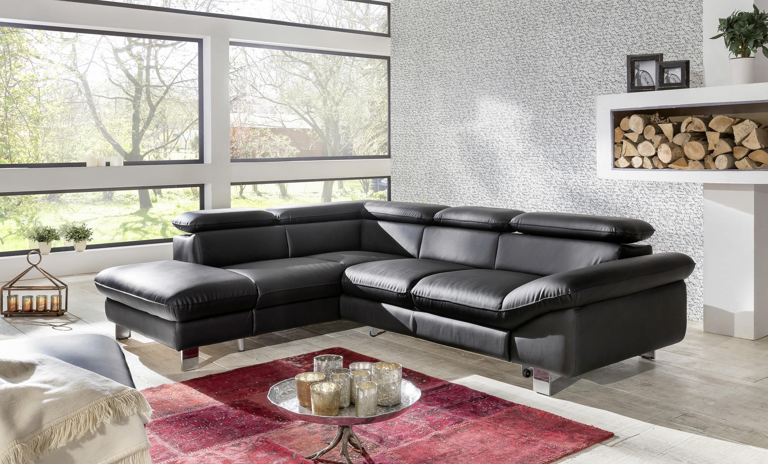 WOHNLANDSCHAFT in Lederlook Schwarz  - Chromfarben/Schwarz, Modern, Textil/Metall (214/266cm) - MID.YOU
