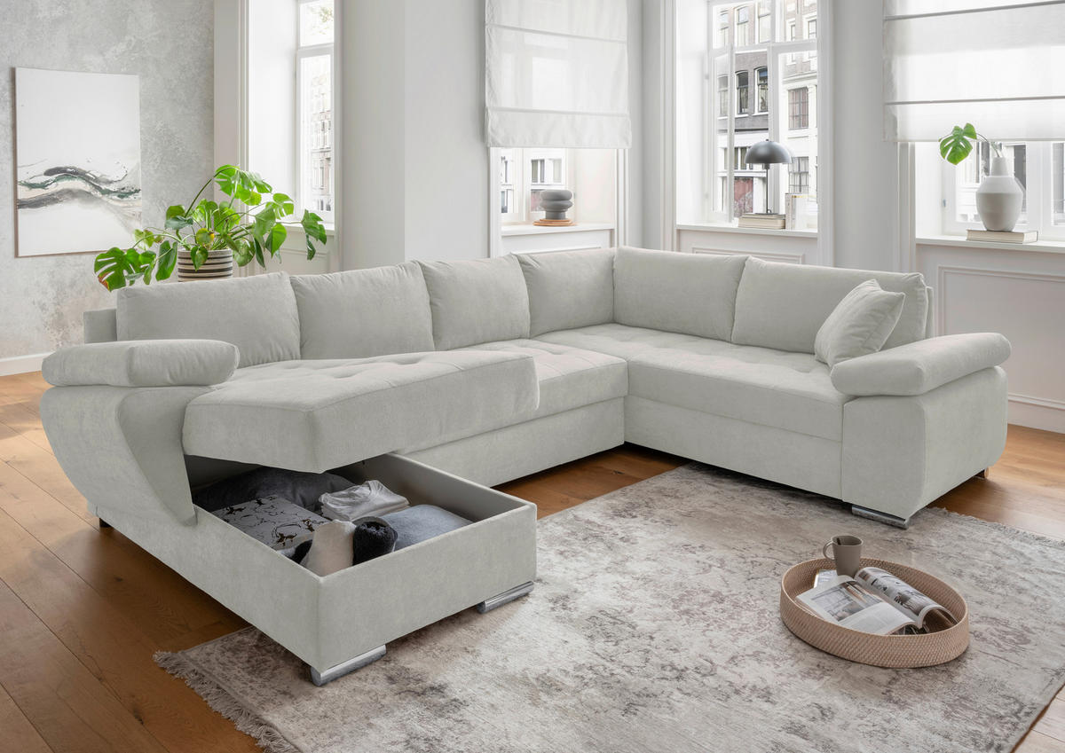 WOHNLANDSCHAFT in Mikrofaser Beige  - Chromfarben/Beige, KONVENTIONELL, Textil/Metall (157/305/219cm) - Livetastic