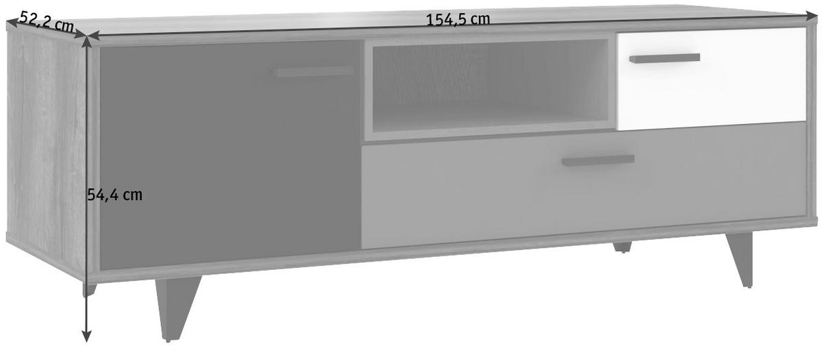 KOMODA POD TELEVIZI, šedá, zelená, černá, bílá, barvy dubu, 155/54/52 cm - šedá/bílá, Design, kompozitní dřevo/plast (155/54/52cm) - Carryhome