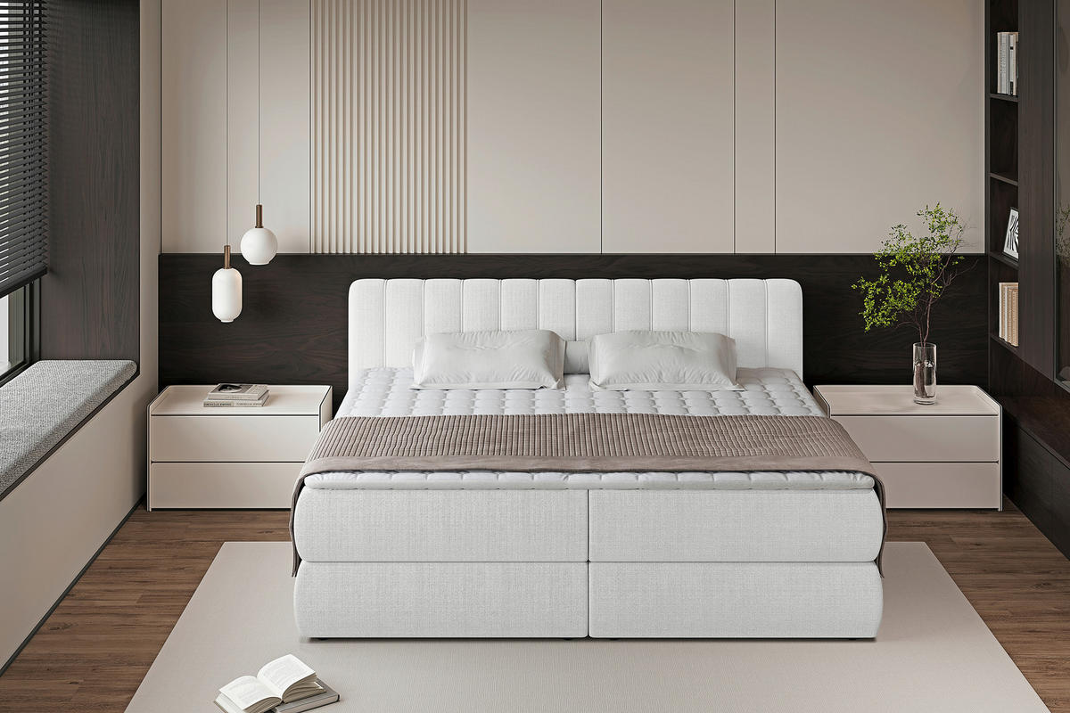 BOXSPRINGBETT 200/200 cm,  in Beige, gepolstertes Kopfteil, Bettkasten, Topper, Matratzen, H3 + H3 = fest  - Beige/Schwarz, Design, Kunststoff/Textil (200/200cm) - Chameo