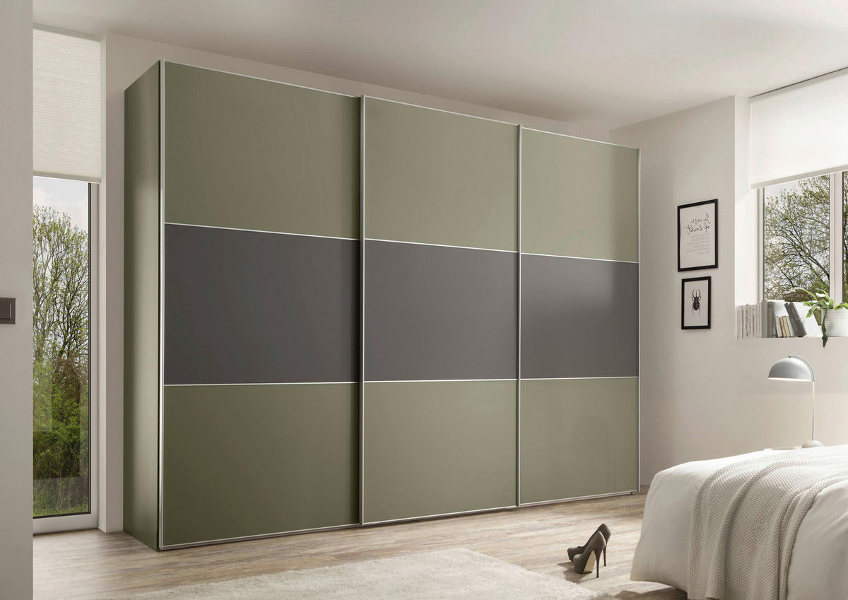 SCHWEBETÜRENSCHRANK 280/222/68 cm 3-türig Anthrazit, Salbeigrün  - Salbeigrün/Anthrazit, Design, Holzwerkstoff/Metall (280/222/68cm) - Moderano