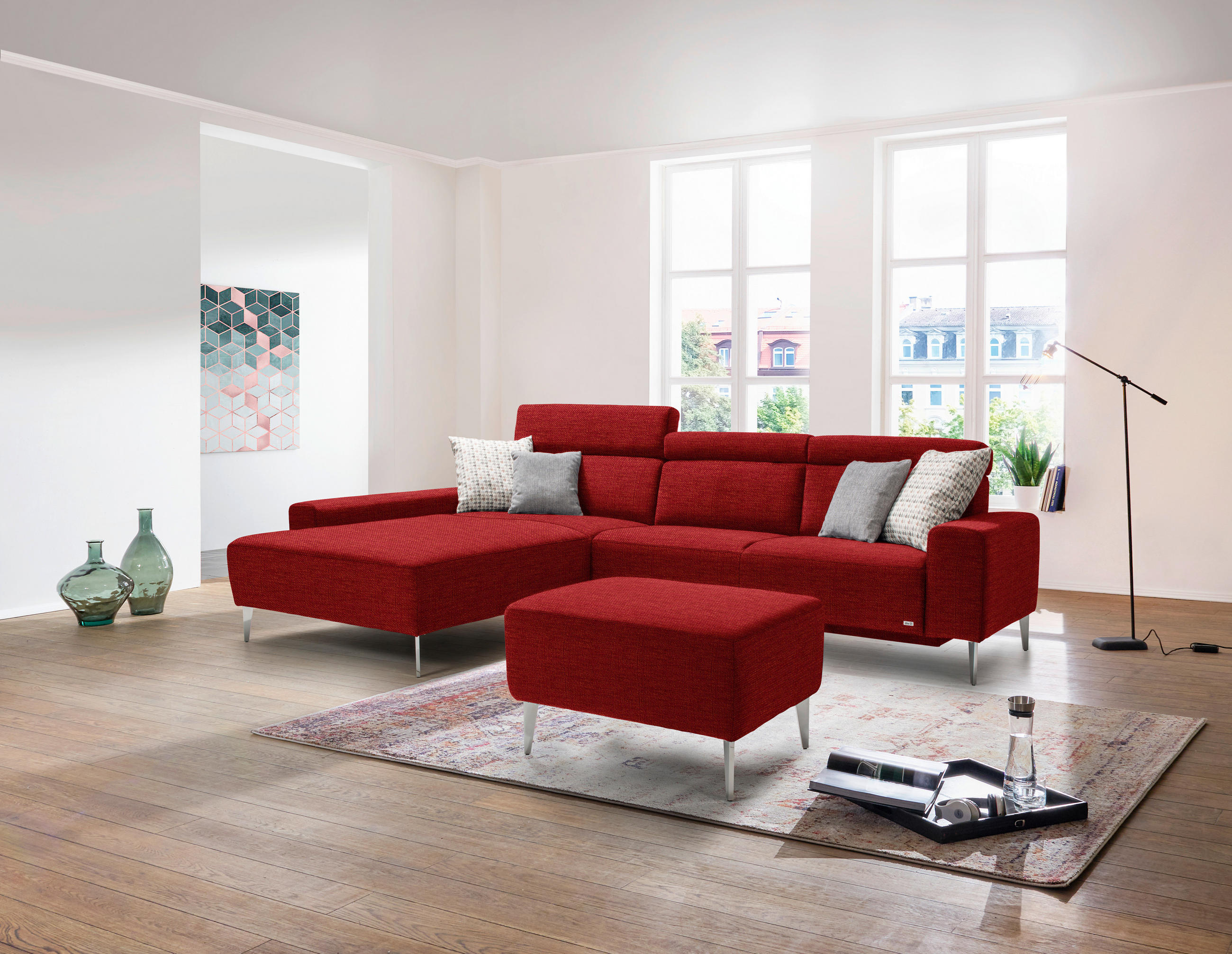 ECKSOFA in Webstoff Rot  205/308 cm  - Rot/Alufarben, Design, Textil/Metall (205/308cm) - Sedda