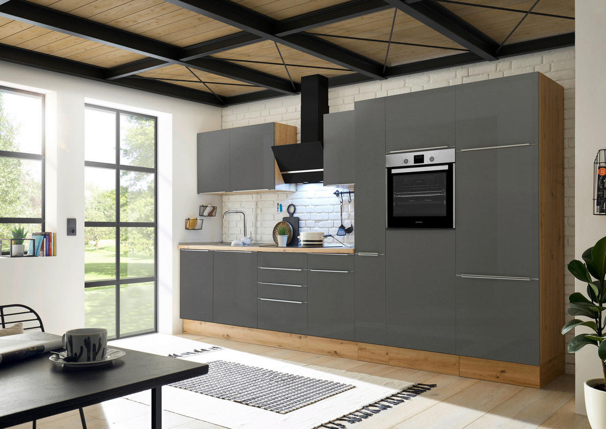 MODULKÖK 370 cm   i antracit, grå, ek Artisan  - aluminiumfärg/ek Artisan, Lifestyle, trämaterial/plast (370cm) - Respekta