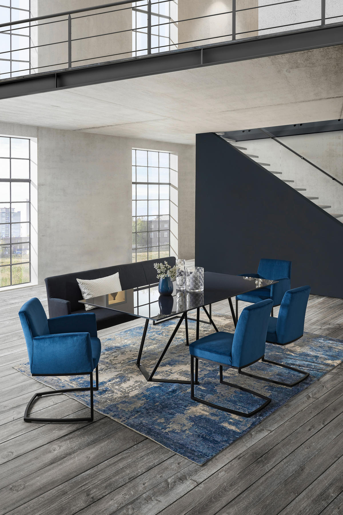 SITZBANK 218/87/66 cm Echtleder Schwarz, Dunkelblau Metall  - Schwarz/Dunkelblau, Design, Leder/Metall (218/87/66cm) - Joop!