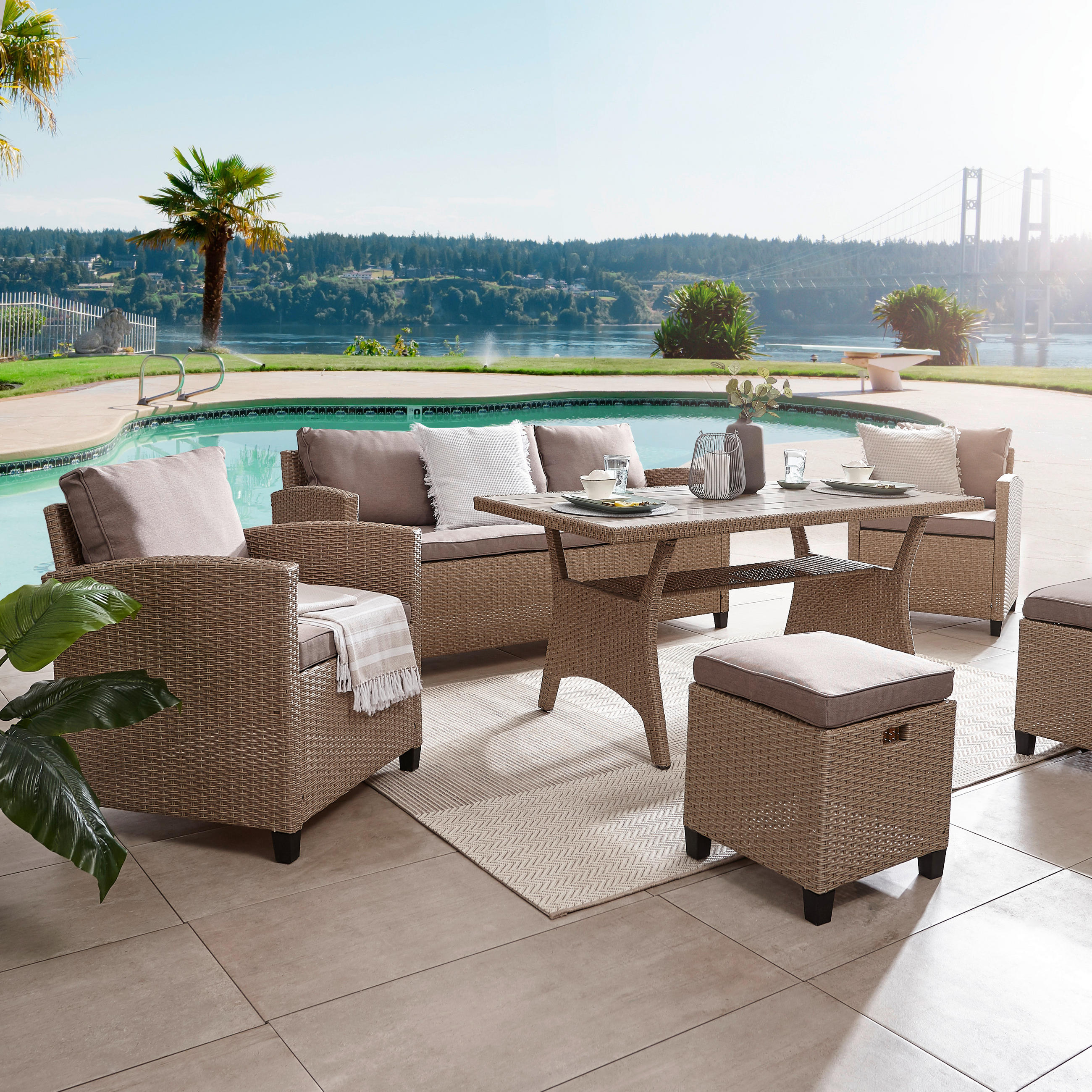 DINING-LOUNGESET Stahl  - Hellbraun, KONVENTIONELL, Kunststoff/Metall - Ambia Garden