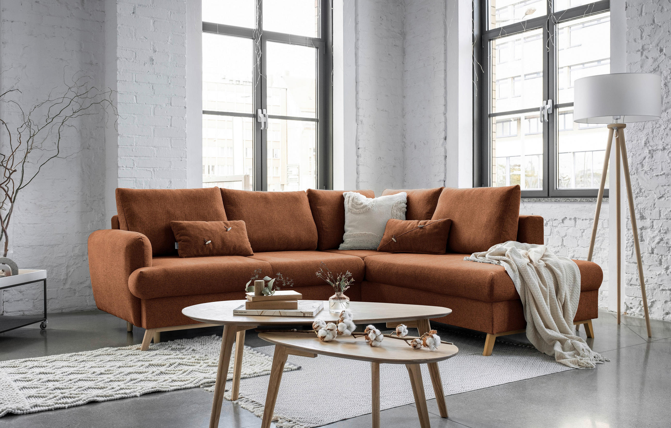 ECKSOFA in Chenille Terracotta  242/202 cm  - Terracotta/Naturfarben, Holz/Textil (242/202cm) - MID.YOU