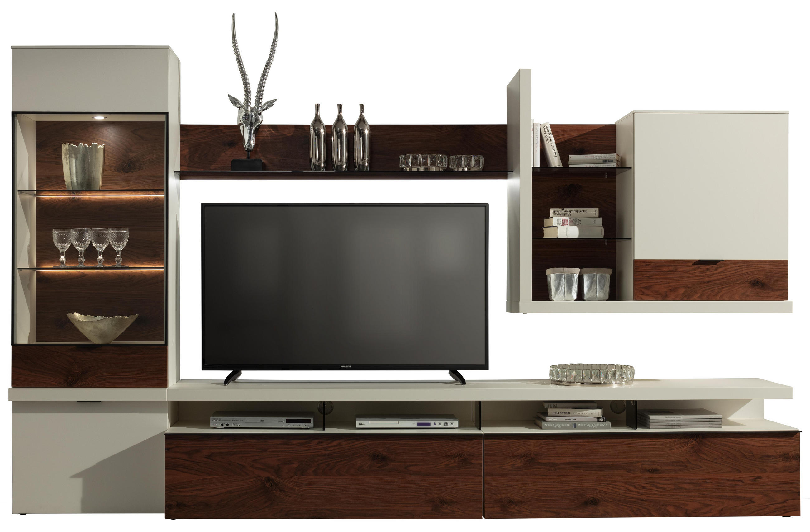 Wohnwand in Weiß, Nussbaumfarben