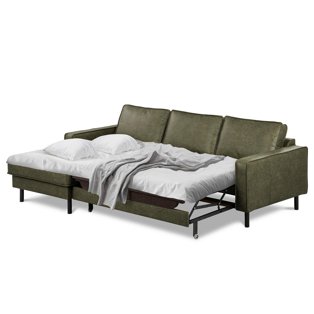 ECKSOFA Grün Echtleder Lederlook Bettkasten, Schlaffunktion, Rücken echt  - Schwarz/Grün, Design, Leder/Textil (166/238cm) - Livetastic