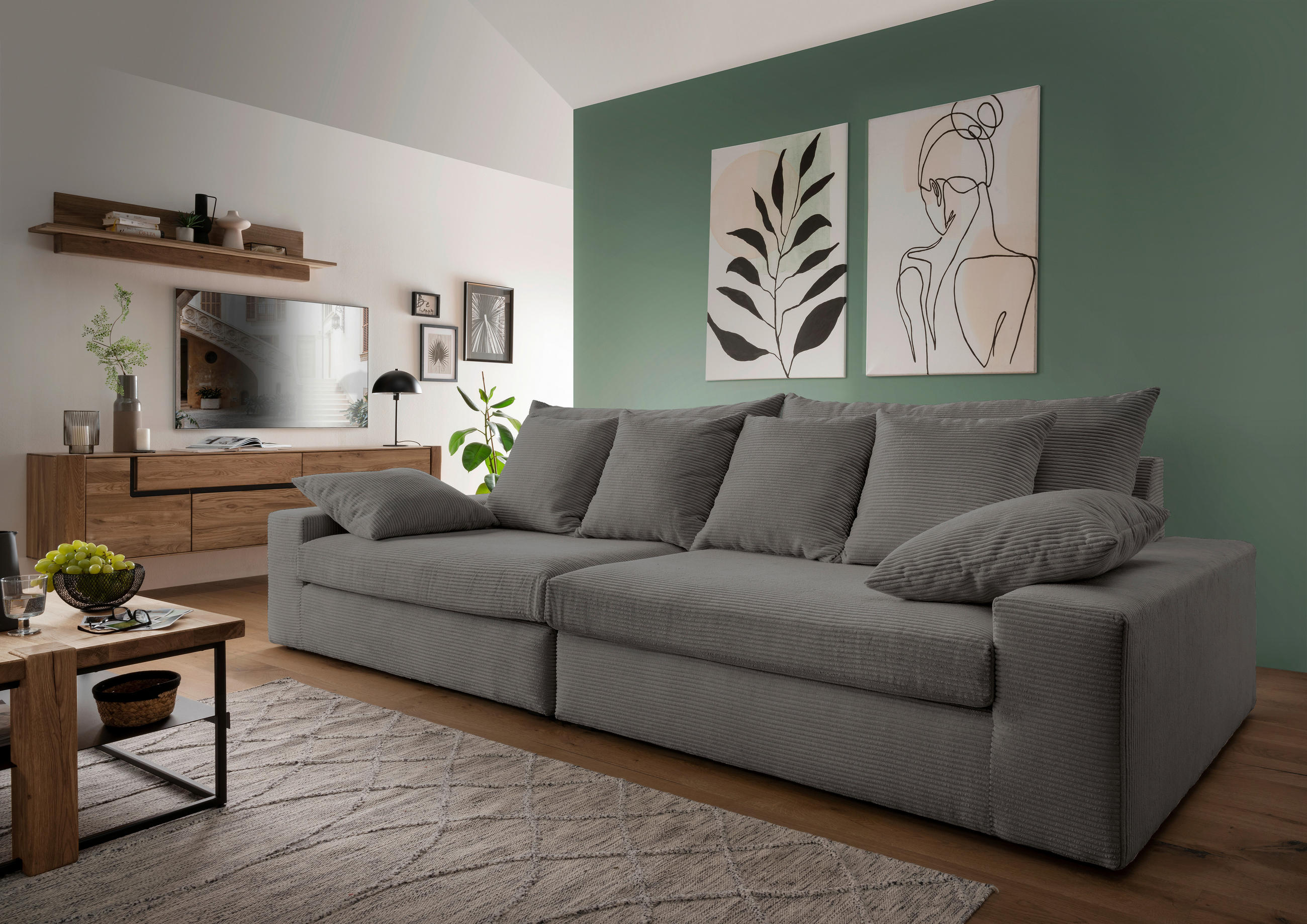 VIERSITZER-SOFA in Cord Grau  - Schwarz/Grau, MODERN, Kunststoff/Textil (308/80/140cm) - Livetastic