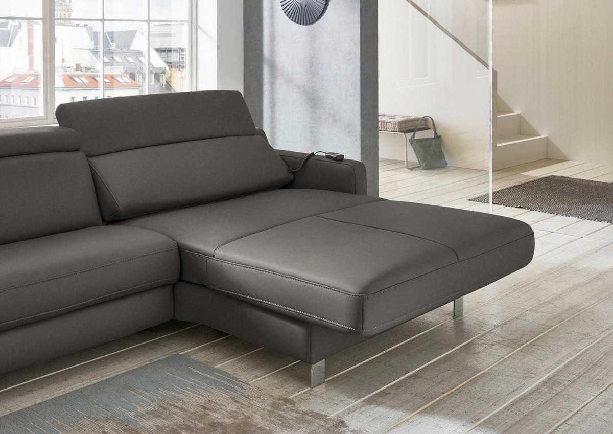 ECKSOFA Echtleder Graubraun  - Chromfarben/Graubraun, Design, Leder/Metall (291/176cm) - Valdera