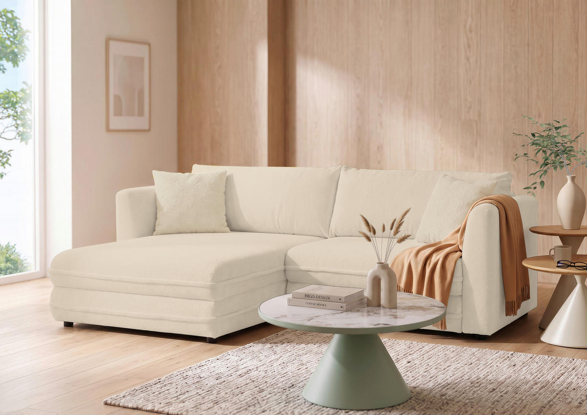 ECKSOFA Creme Plüsch Zierkissen, Rückenkissen, Bettkasten, Schlaffunktion, Rücken echt, Liegefläche im Originalstoff  - Beige/Creme, MODERN, Kunststoff/Textil (246/178cm) - Carryhome