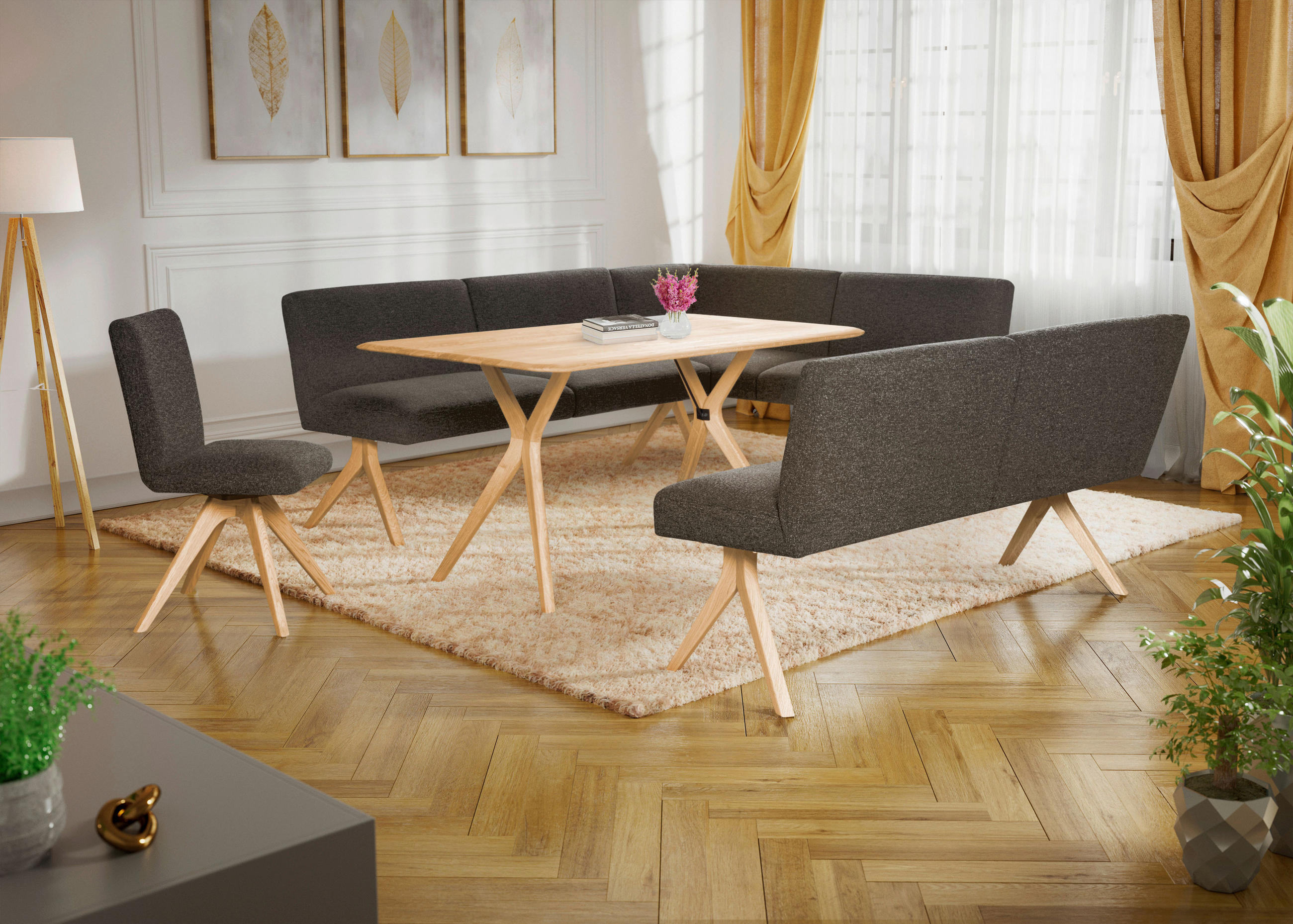 STUHL Webstoff Dunkelgrau Eiche vollmassiv  - Dunkelgrau/Eichefarben, KONVENTIONELL, Holz/Textil (47/89/60cm) - Linea Natura