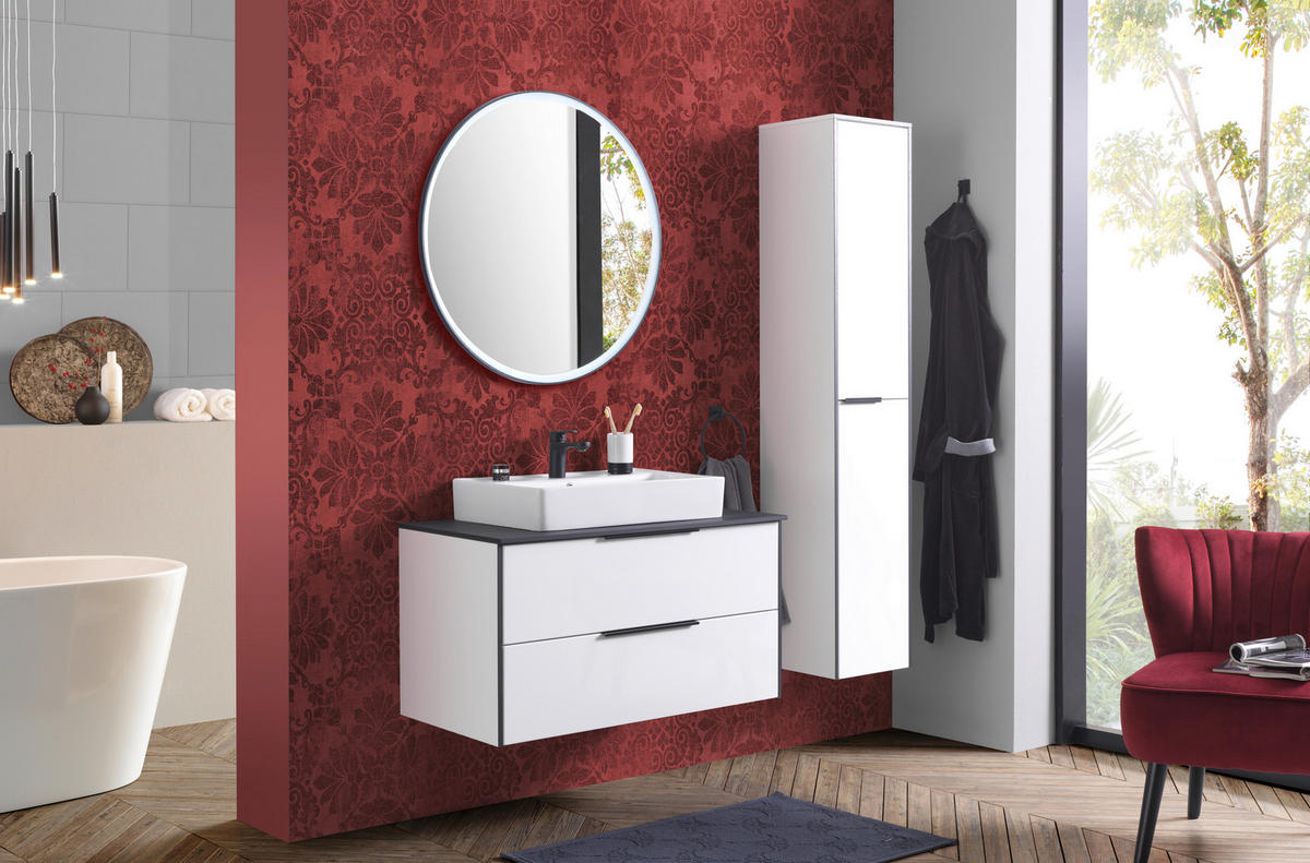 BADEZIMMER  in 92,4 cm  - Weiß Hochglanz/Schwarz, Basics, Glas/Keramik (92,4cm) - Voleo