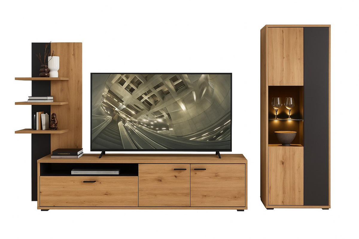 WOHNWAND 3-teilig  in Graphitfarben, Eiche Artisan  310/205/49 cm  - Graphitfarben/Schwarz, Design, Glas/Holzwerkstoff (310/205/49cm) - Livetastic