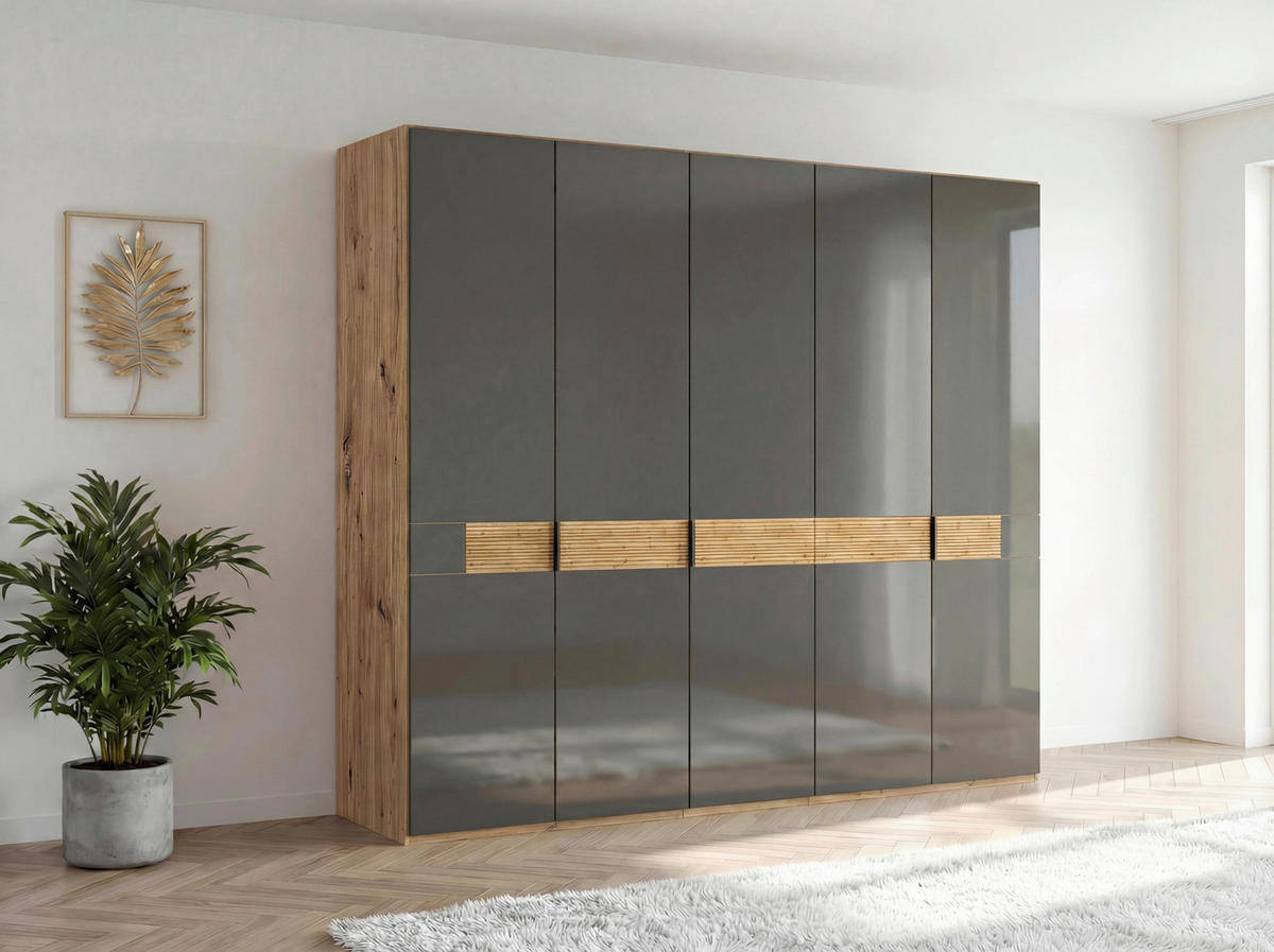DREHTÜRENSCHRANK 250/216/58 cm,  in Braun, Eiche Bianco, 5 Tür(en)  - Schieferfarben/Eiche Bianco, Design, Glas/Holz (250/216/58cm) - Musterring