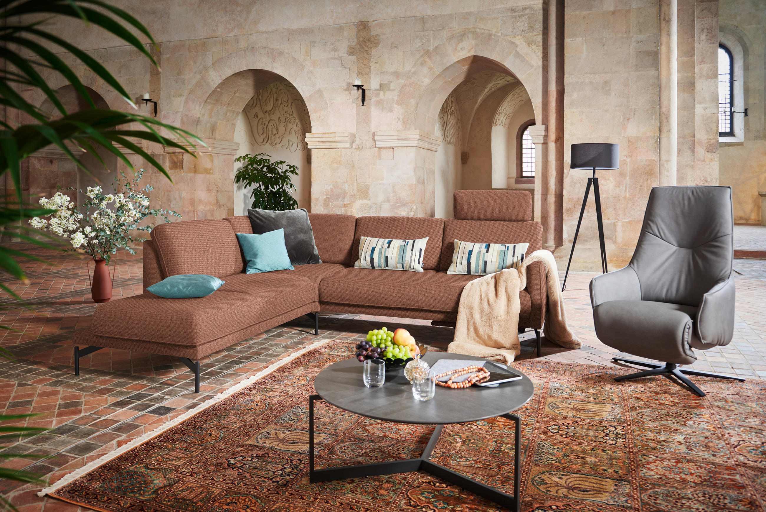 ECKSOFA in Flachgewebe Rostfarben  - Rostfarben/Anthrazit, Design, Textil/Metall (230/254cm) - Johann Jakob