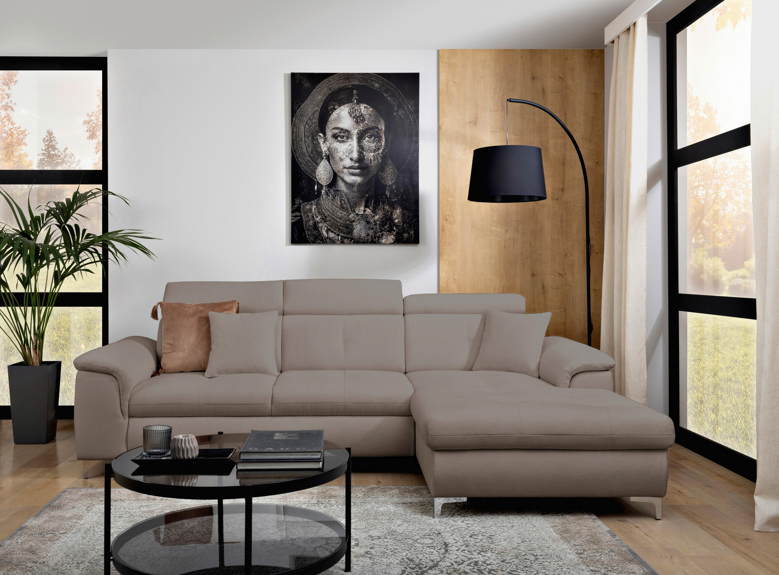 Thumbnail - Carryhome Ecksofa, Taupe, Textil, 3-Sitzer, Füllung: Schaumstoff, Silikon, Ottomane rechts, L-Form, 268x175 cm, Liegefun...