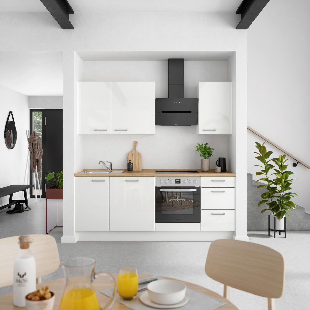 KÜCHENLEERBLOCK 210 cm   in Eichefarben, Weiß Hochglanz  - Edelstahlfarben/Eichefarben, MODERN, Holzwerkstoff/Metall (210cm) - Nobilia