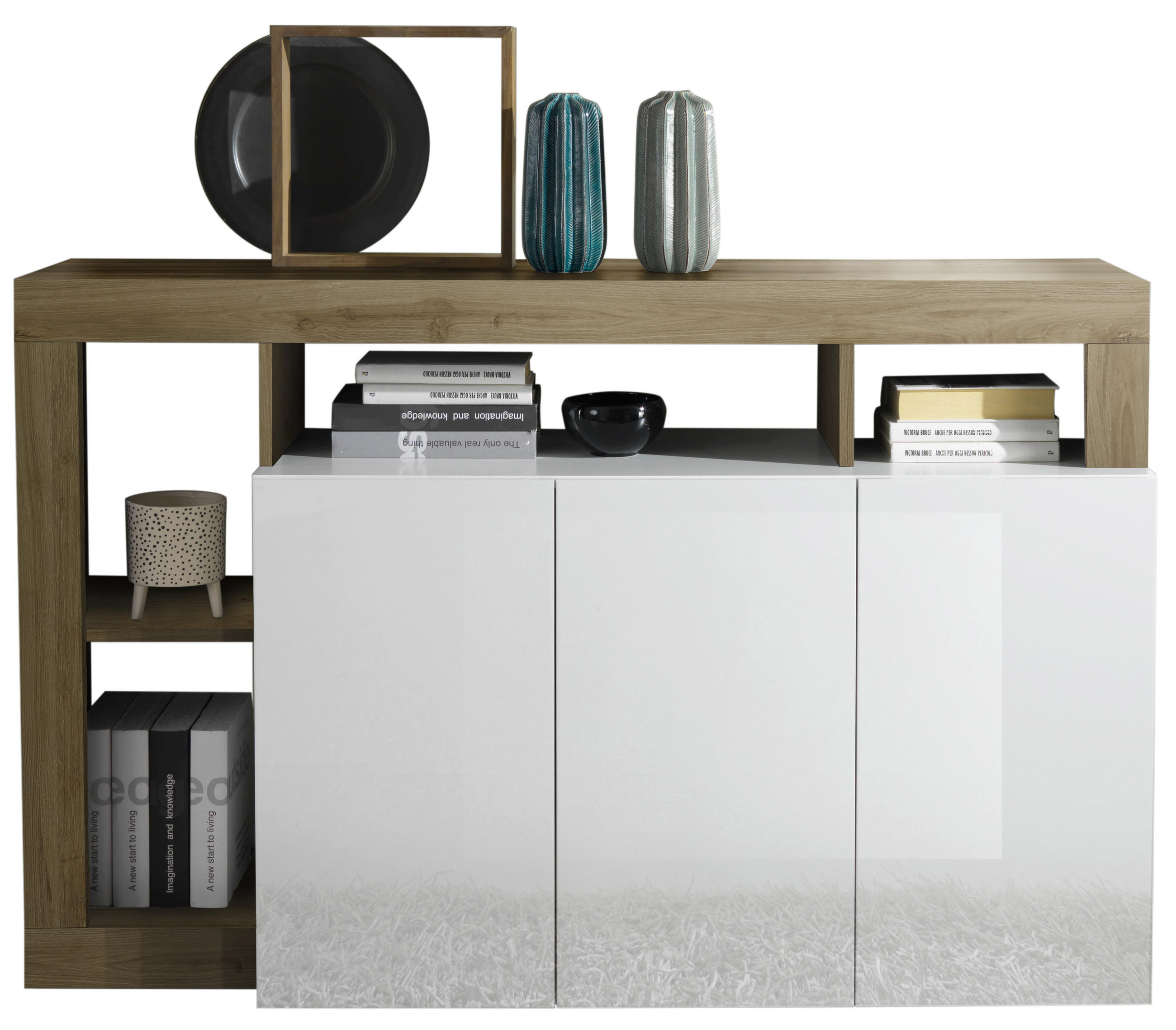 KOMODA, bela, visoki sijaj  - črna/barve hrasta, Basics, umetna masa/leseni material (146/93/42cm) - Livetastic