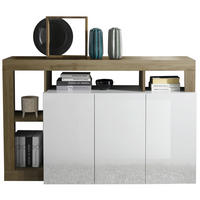 KOMODA, bela, visoki sijaj  - črna/barve hrasta, Basics, umetna masa/leseni material (146/93/42cm) - Livetastic