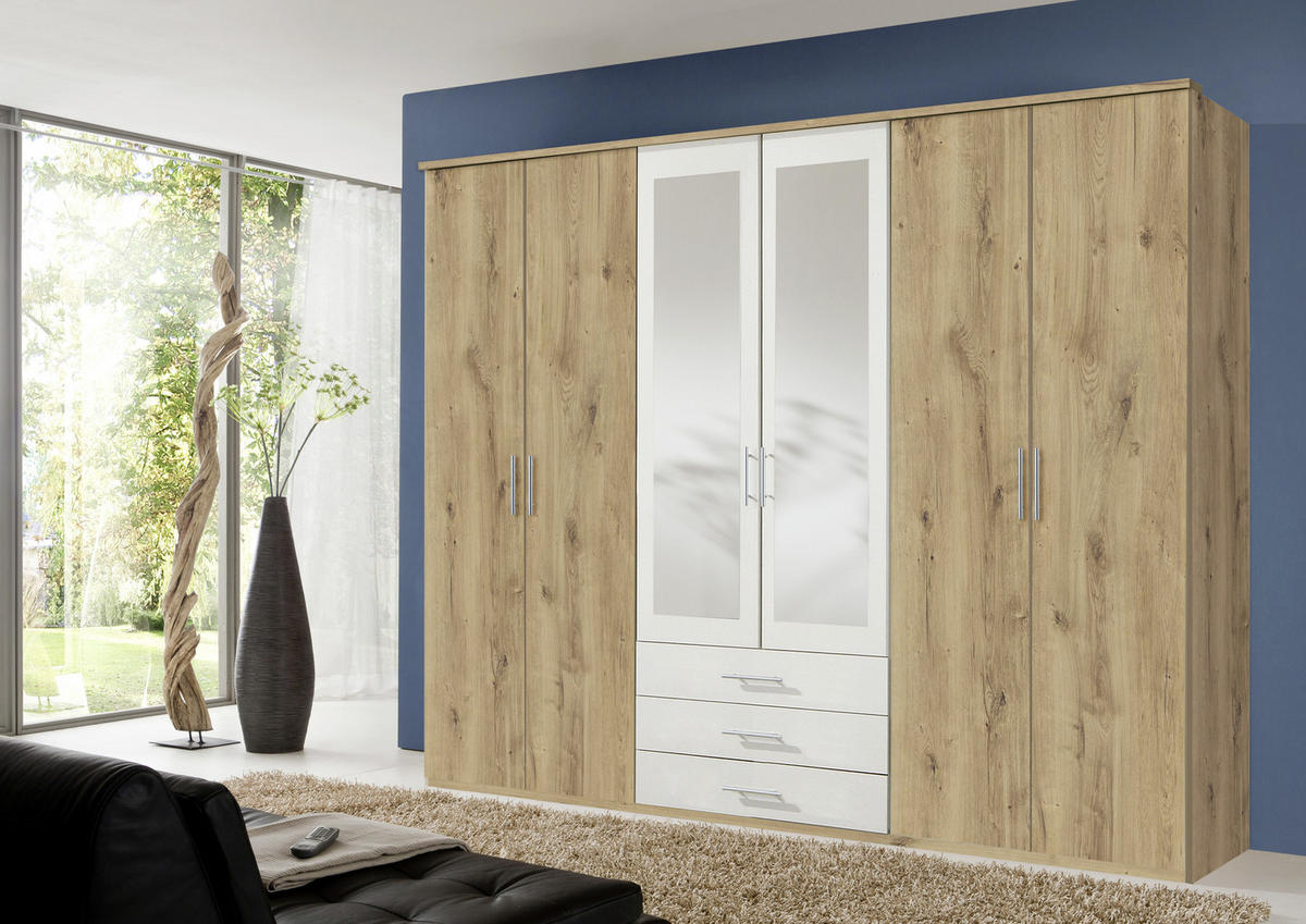 DREHTÜRENSCHRANK 270/210/58 cm 6-türig Weiß, Eichefarben  - Eichefarben/Alufarben, KONVENTIONELL, Glas/Holzwerkstoff (270/210/58cm) - MID.YOU
