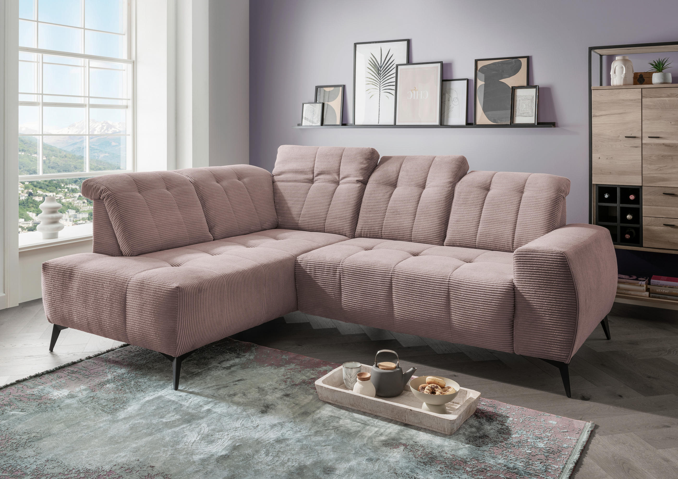 ECKSOFA Rosa Cord  - Schwarz/Rosa, MODERN, Textil/Metall (200/261cm) - Livetastic
