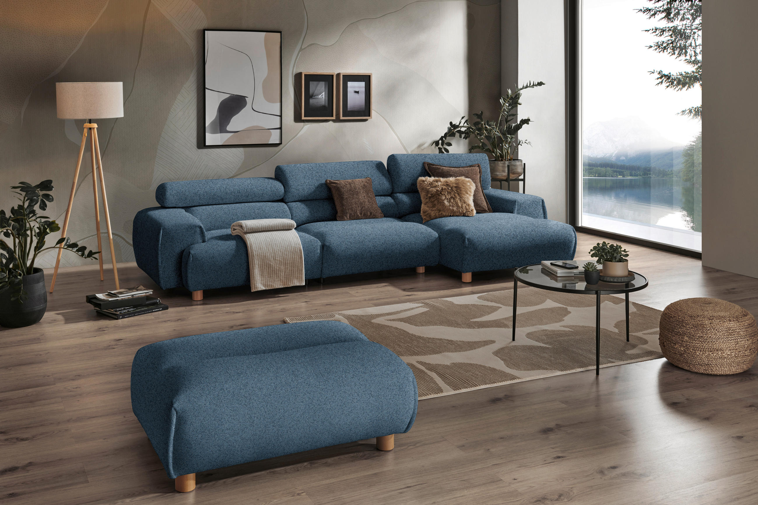 ECKSOFA in Velours Dunkelblau  - Buchefarben/Dunkelblau, Design, Holz/Textil (329/150cm) - Lomoco