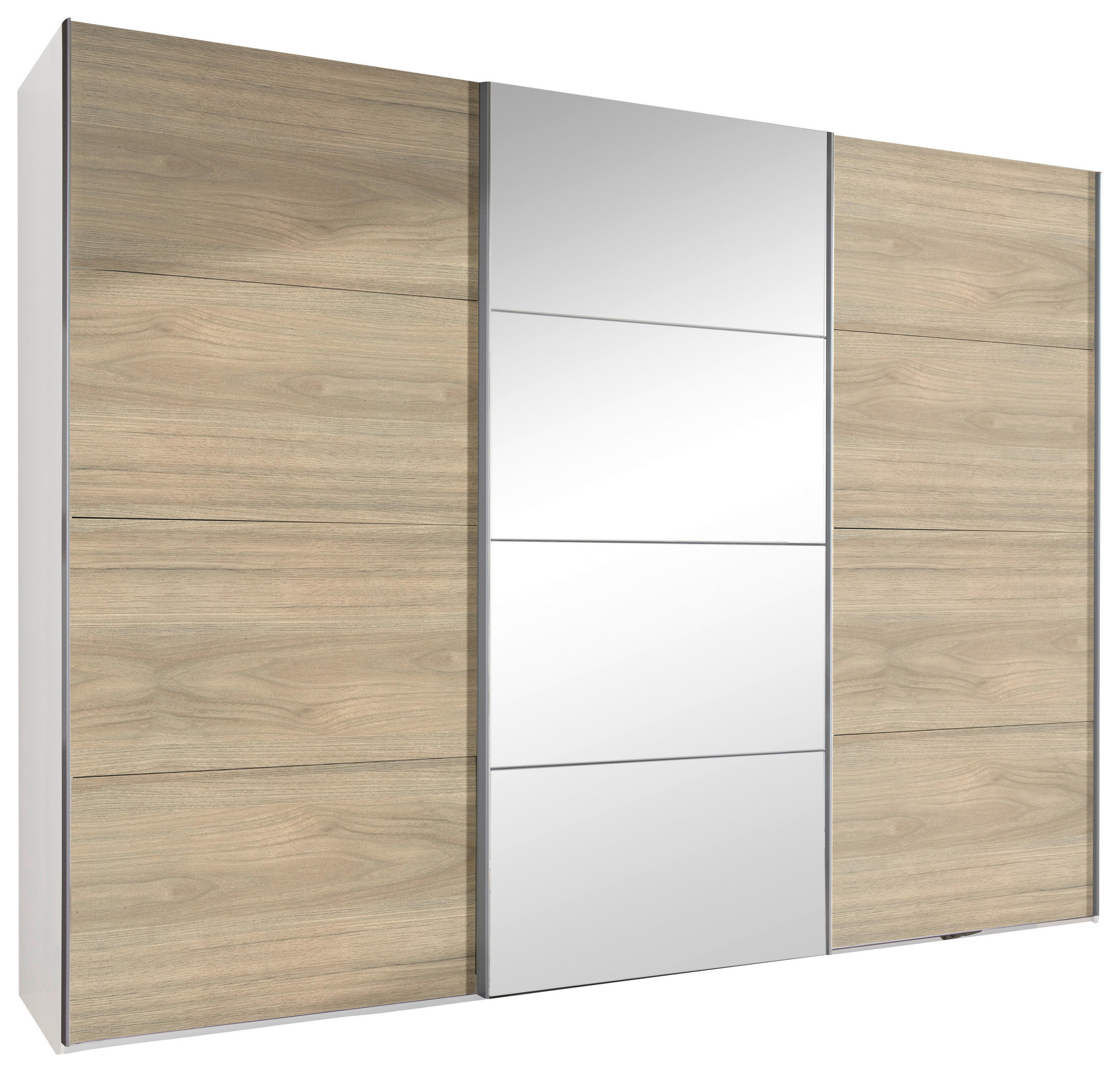 GARDEROB MED SKJUTDÖRRAR 270/210/65 cm 3-dörrar - vit/valnöt hickory, Design, metall/trämaterial (270/210/65cm) - Carryhome