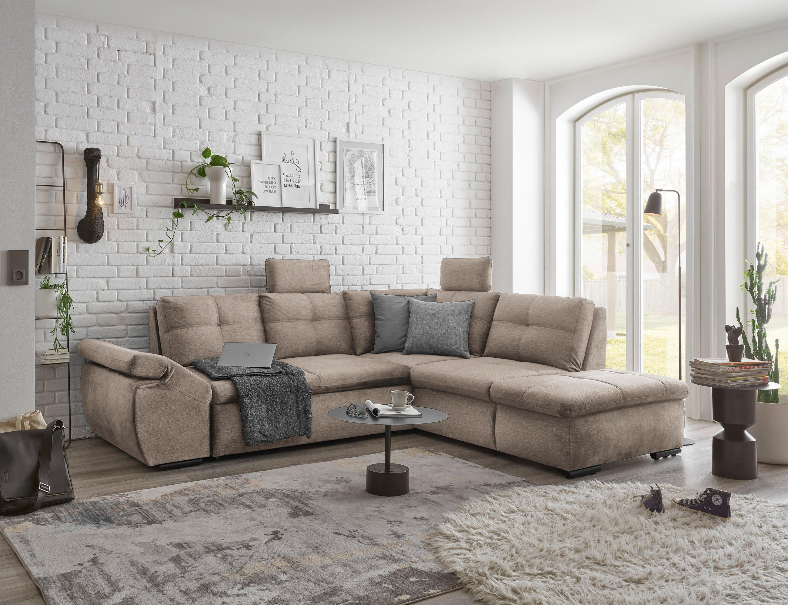 ECKSOFA in Mikrovelours Creme  - Creme/Schwarz, KONVENTIONELL, Kunststoff/Textil (265/217cm) - Carryhome