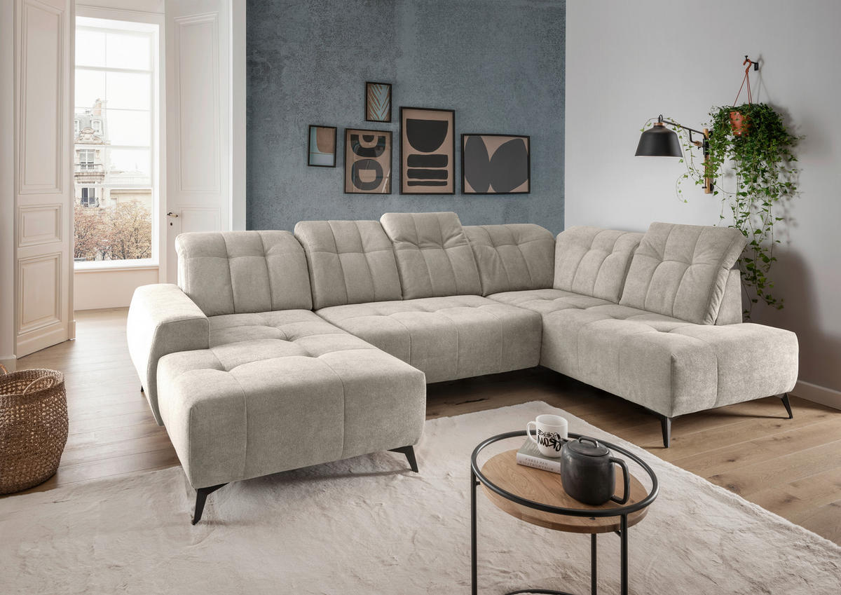 WOHNLANDSCHAFT Chenille Beige  - Beige/Schwarz, Modern, Textil/Metall (200/337/180cm) - Livetastic
