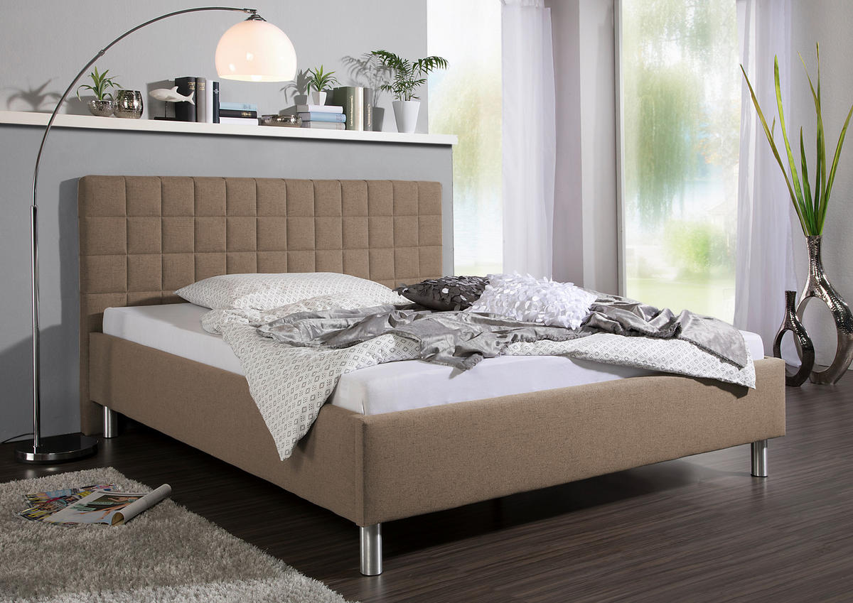 POLSTERBETT 100/200 cm,  in Hellbraun,  - Hellbraun/Alufarben, MODERN, Textil/Metall (100/200cm) - Livetastic