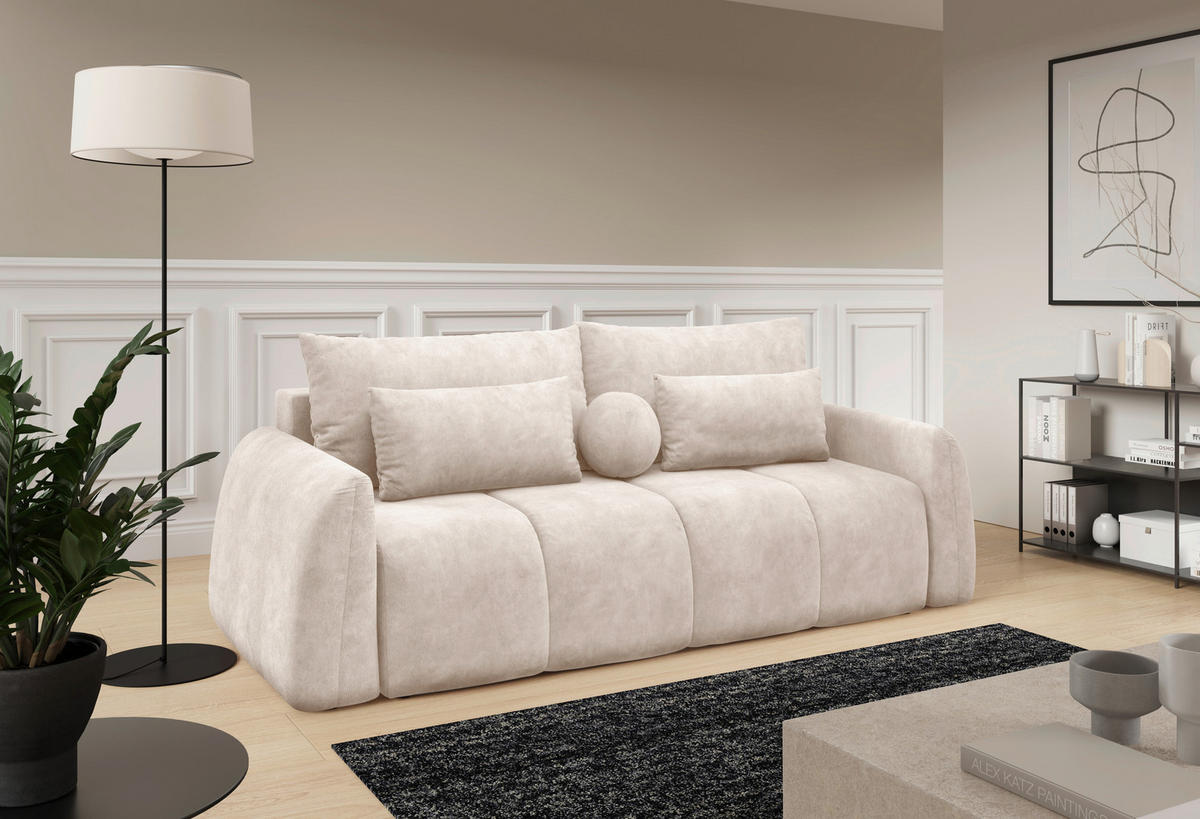 SCHLAFSOFA GERONIMO  mit Velours Beige  - Beige/Schwarz, Design, Kunststoff/Textil (252/93/167cm) - Livetastic
