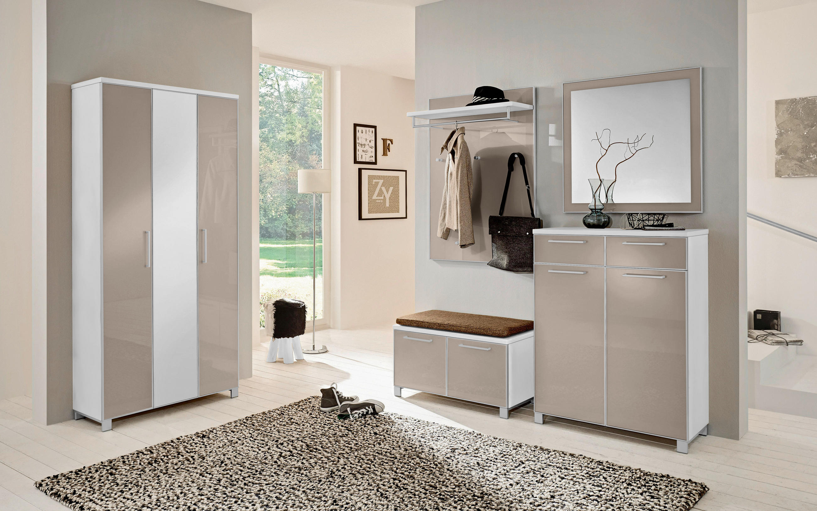 GARDEROBE 6-teilig  in 265/195/40 cm  - Taupe/Hellbraun, Design, Glas/Holzwerkstoff (265/195/40cm)