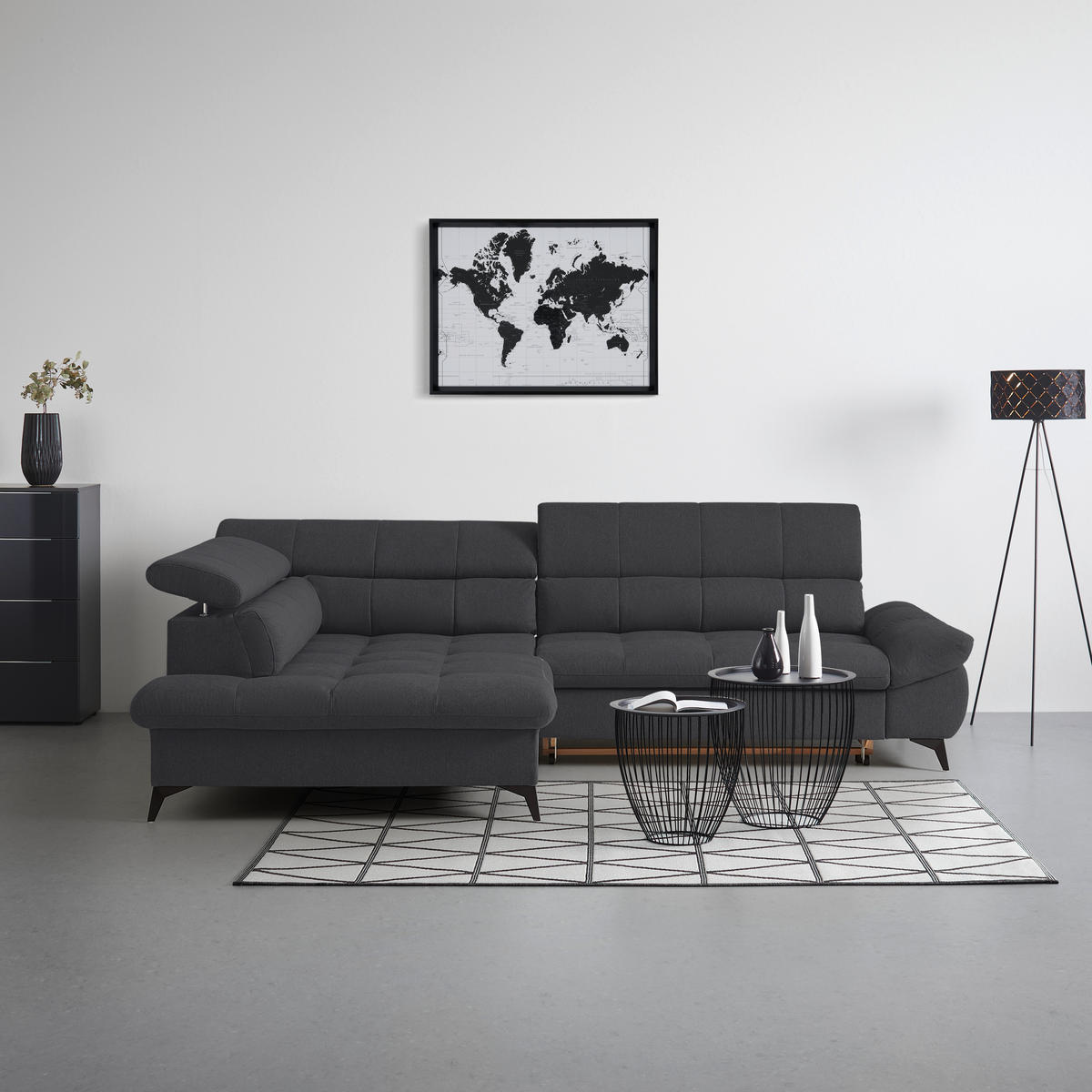 ECKSOFA in Chenille Schwarz  - Schwarz, Modern, Textil/Metall (201/296cm) - Livetastic