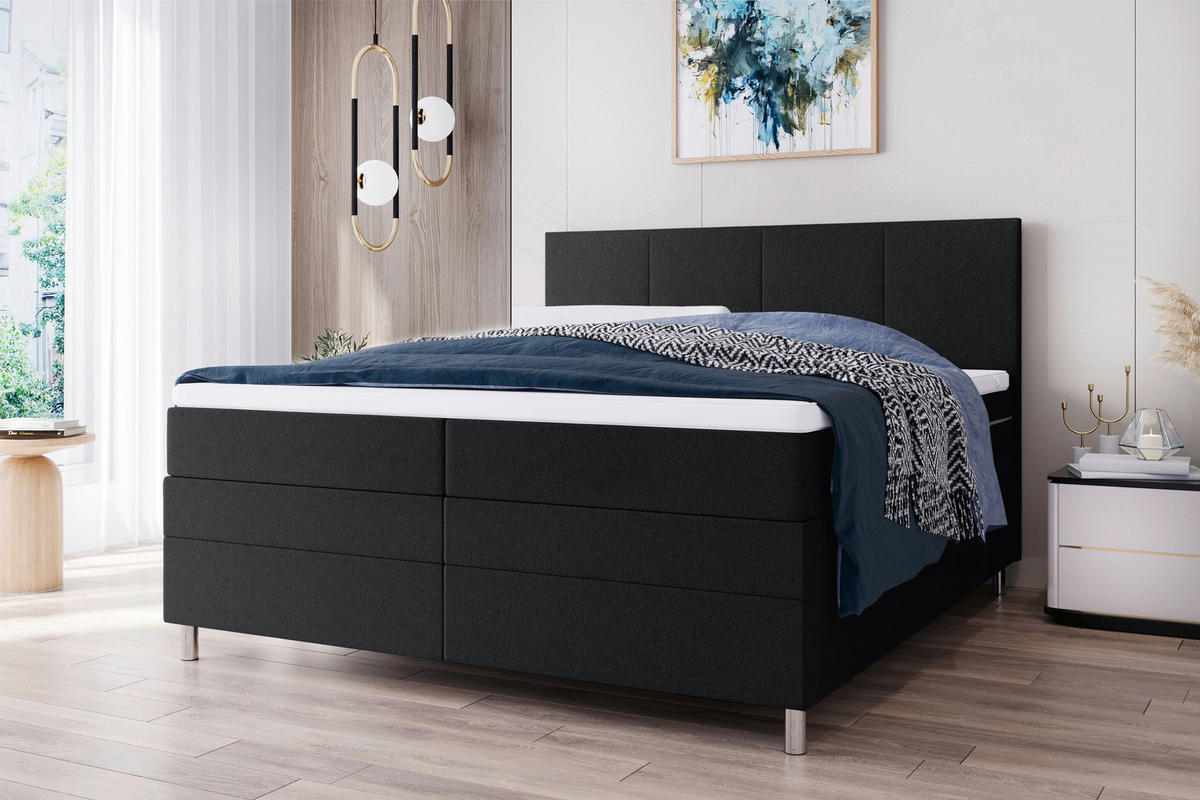 BOXSPRINGBETT 180/200 cm  in Schwarz  - Chromfarben/Schwarz, KONVENTIONELL, Kunststoff/Textil (180/200cm) - Boxxx