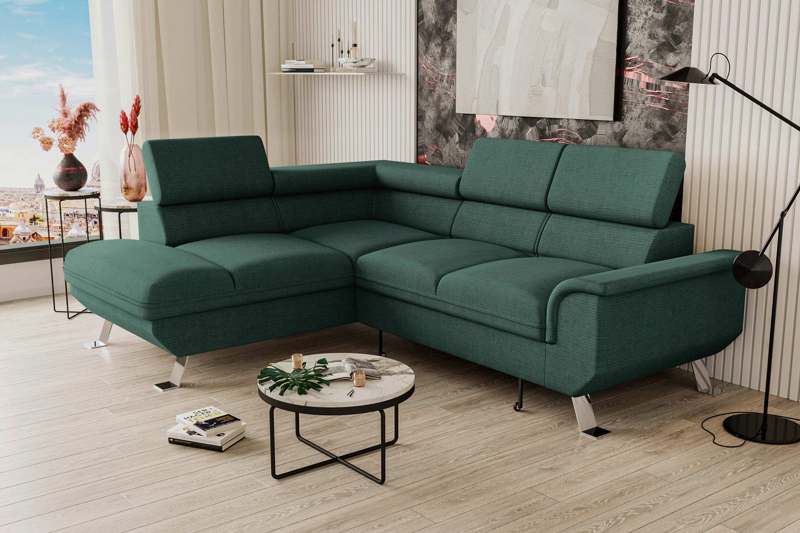 ECKSOFA in Struktur Dunkelgrün  - Dunkelgrün/Silberfarben, Konventionell, Textil/Metall (207/268cm) - MID.YOU