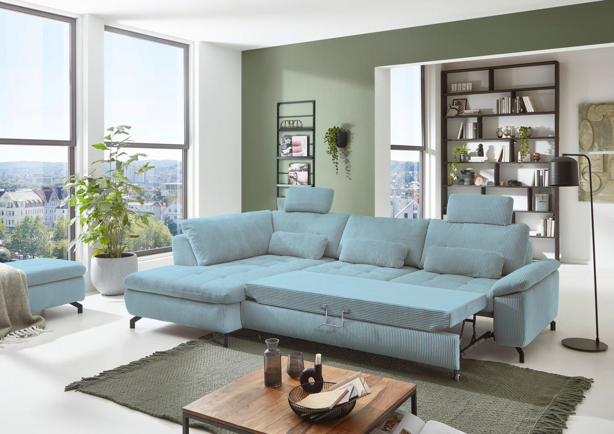 ECKSOFA in Cord, Velours Hellblau  - Schwarz/Hellblau, Design, Textil/Metall (197/291cm) - Beldomo Style