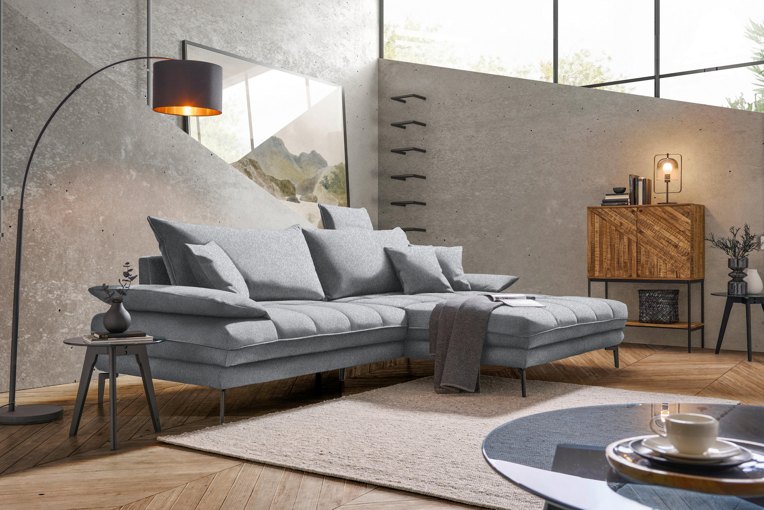 ECKSOFA PRATO Hellgrau Webstoff  - Hellgrau/Schwarz, MODERN, Textil/Metall (292/176cm) - MID.YOU