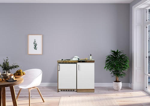 Miniküche mit Kühlschrank + Kochfeld 100 cm Weiß/Eiche